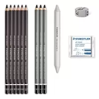  ست مداد زغالی و مداد کنته استدلر با پاکن خمیری، تراش و محوکن مدل 100C charcoal set